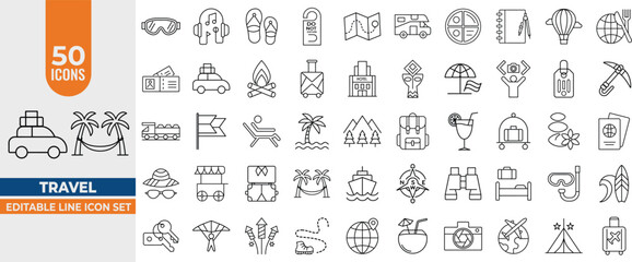 Naklejka premium Travel Line Icons Set – Vector Set with Airplane, Beach, Passport, Vacation, Hotel, Luggage & Camping. Editable Stroke. Vector illustration