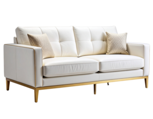 Modern Minimalist White Sofa with Gold Metal Frame, isolated on transparent background