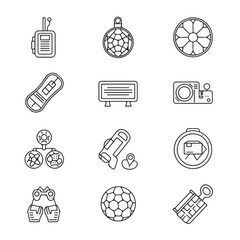 Icon set of sports equipment and accessories in line art style