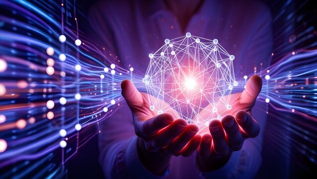Person holding glowing neural network structure with abstract light streams