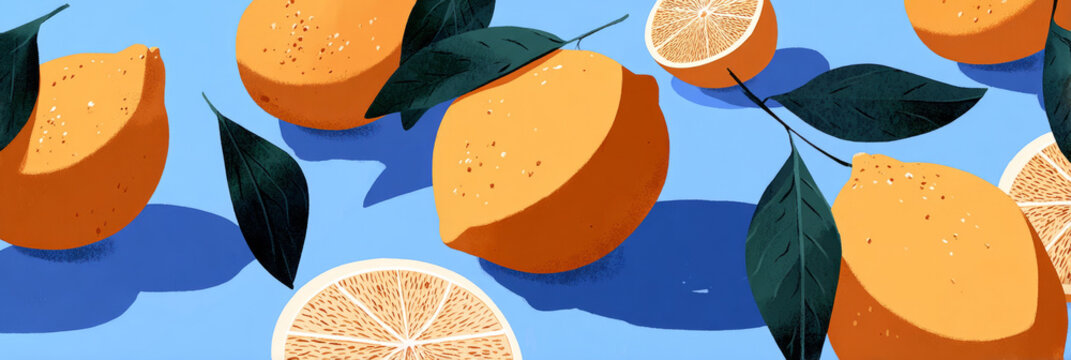 Bright, ripe lemons with green leaves scattered across a blue surface, showcasing their vibrant yellow color and fresh appeal. Ideal for adding zest to any dish or drink