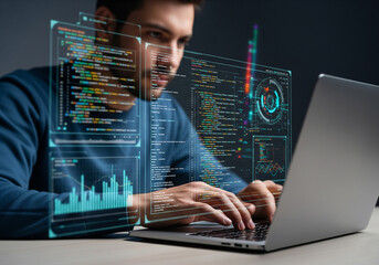 Man typing code on laptop with futuristic virtual data screen overlay
