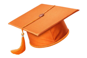Orange graduation cap tassel and mortarboard isolated on transparent background