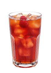 Refreshing red drink with ice cubes and raspberry garnish in clear glass on black background