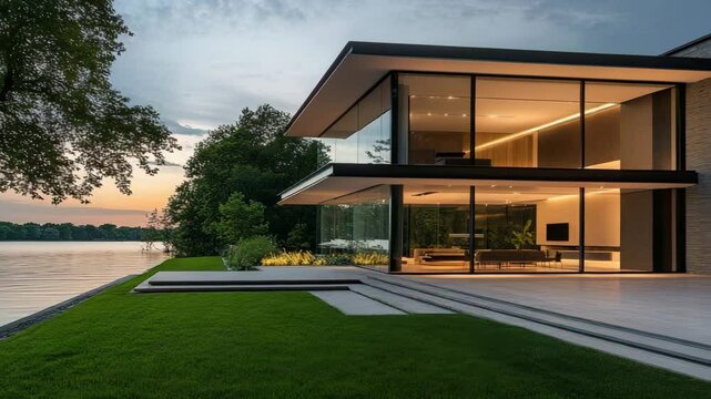 Sleek modern glass house overlooking a serene lake with lush green lawn, perfect for contemporary lakeside living