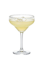 Margarita cocktail with a salted rim and ice. Light-yellow drink on tall glass