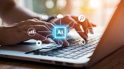 Person typing on laptop with glowing ai chip and digital icons representing technology