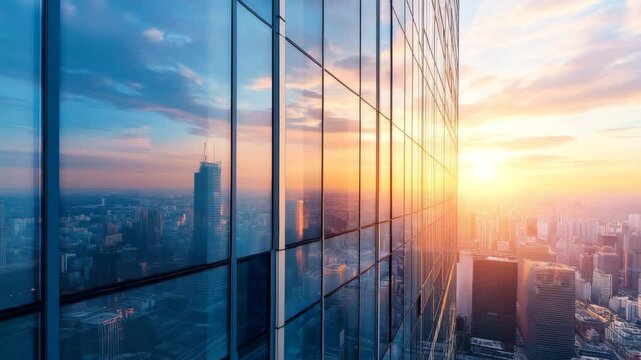 Sleek office tower with glass facade reflecting sunset over city skyline