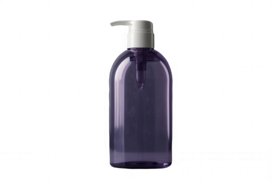 Purple liquid soap bottle with pump dispenser for hand wash product on transparent background