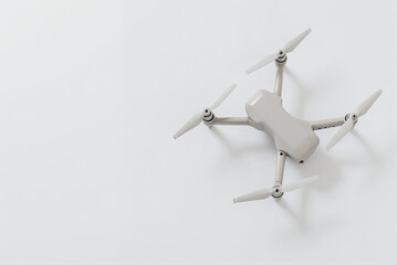 Modern drone on white background from above view  