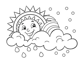 Fototapeta premium Happy cartoon sun and clouds fun design coloring page. Child's drawing sunny meadow, flowers, hills, clouds. Coloring page