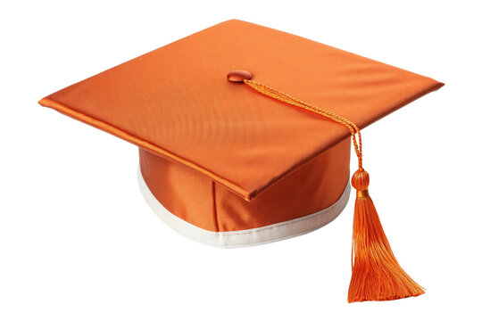 Bright orange graduation cap with tassel isolated on transparent background