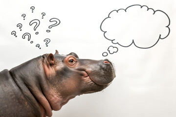 A hippopotamus with a thought bubble and question marks isolated on white background