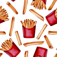 Seamless pattern of French fries. Red box with French fries. Fast food. Watercolor food drawing. Suitable for menu, advertising, wrapping paper, fabric and textile.