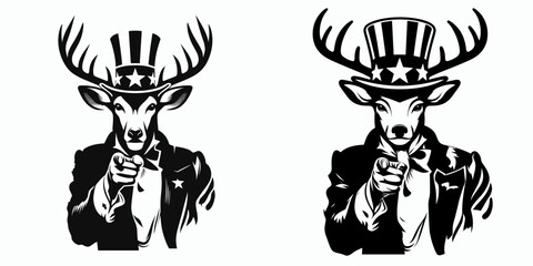 Deer fullbody wear american top hat as uncle sam point index finger to viewer. 4th of July Flag Patriotism Usa America Independence Day Clipart Line Art Vector Illustration. Buck entire.