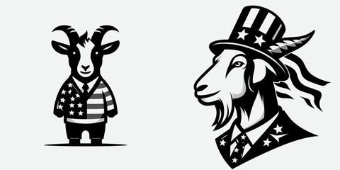Goat wear american patriotic costume. 4th of July Flag Patriotism Usa America Independence Day Clipart Line Art Vector Illustration. Kid in all-american national holiday garb festive attire.