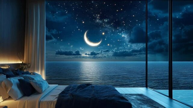 Starry Night luxury resort bedroom with breathtaking crescent moon and ocean landscape view - Powered by Adobe