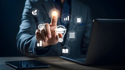 Businessman interacting with digital interface displaying business and education icons