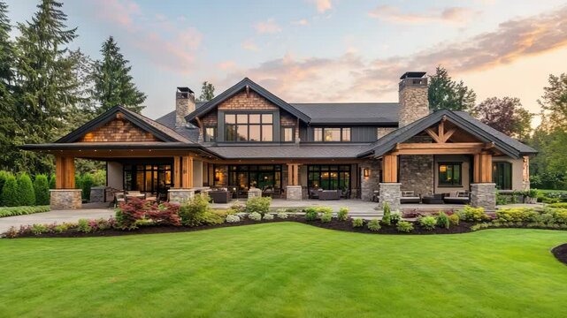Stunning exterior of a new luxury home with lush green lawn and ornate covered porch