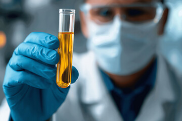 Technician examining centrifuged blood in tube for chemistry, lab and hospital research use