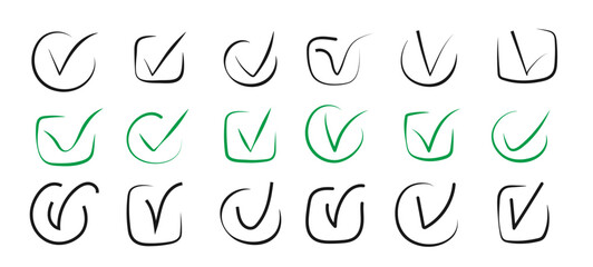 Hand drawn Check mark icon set in circle and square shape. Tick symbol in green and black color. Handwritten checkmark good yes ok illustration. Doodle element.