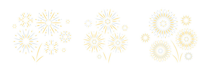 Yellow Festive Fireworks isolated on white background. Flat style. Simple flash decoration for holiday banner card poster.