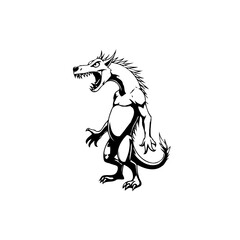 Stylized depiction of an anthropomorphic creature with dog and dragon like features standing isolated against a white background