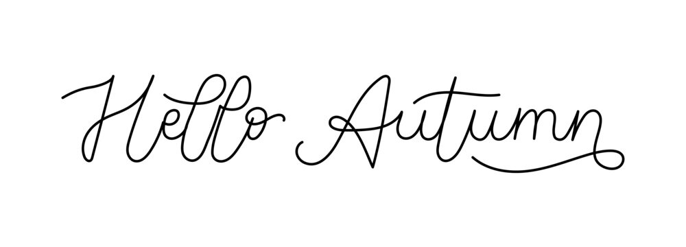 Hello Autumn words in continuous one line art style. Minimalist black drawing of phrase on white background. Hand drawn quote with editable stroke. Outline handwritten script. Fall season.