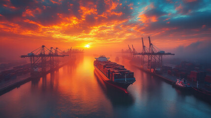 Early Morning Light Over Busy Container Port with Cranes and Ships