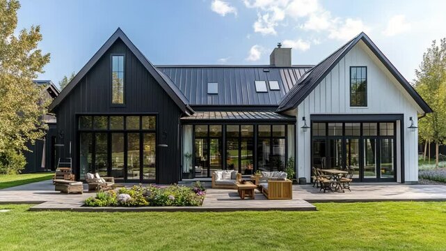 Stylish black and white farmhouse with large barn doors and a spacious yard with garden and sitting area