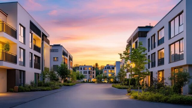 Stylish entrance to a modern residential community glowing at sunset