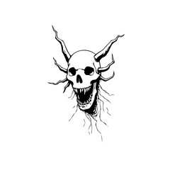 Drawing of a skull with horns and sharp teeth embodies dark and aggressive imagery perfect
