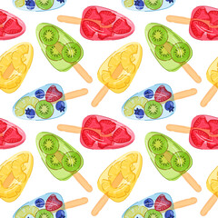 Seamless pattern of tropical ice pop on wooden stick with blueberry, pineapple, kiwi and strawberry slice on white background in cartoon for delivery cafe packaging and kitchen wallpaper.