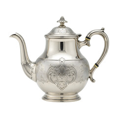 Elegant vintage silver teapot with classic curves and metal texture. Perfect for kitchen, tea time, or antique designs. Isolated on white or transparent background. PNG format.