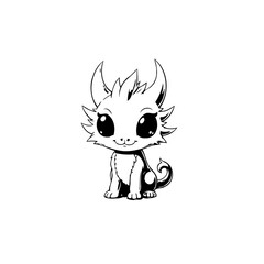 Adorable black and white dragon illustration for kids products and story book, featuring cute fantasy creature with horns