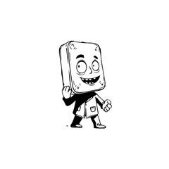 Cartoon character with rectangular head happily waving adding playful and quirky element to digital design projects