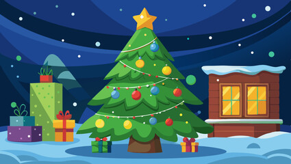 Festive christmas tree decorated with ornaments and gifts under a starry night sky