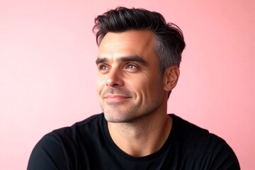Obraz premium Pink solid background. Conceptual art of style for aging men. A trendy and radiant male showcasing style. Chic men's classic short back and sides haircut - midlife white man with black hair.