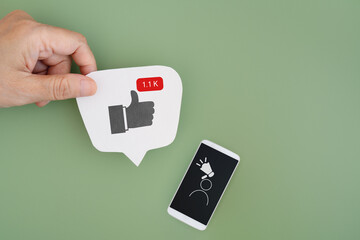 thumb up, like sign with number in red rectangle with white smart phone and , UGC icon, User-generated content , on green background