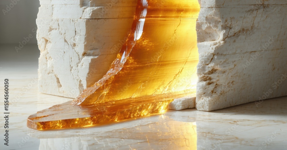 Poster golden liquid flows from stone structure. reflective surface creates dramatic visual effect. warm to