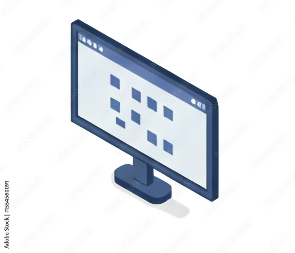 Poster isometric illustration of a computer monitor displaying a grid of squares.