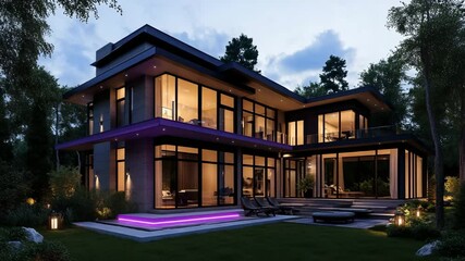 Stylish modern house with purple LED lights, large windows, and porch lanterns - Powered by Adobe