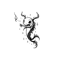 Whimsical aquatic creature illustration featuring an axolotl-inspired character with expressive eyes and flowing fin details enhanced with droplet accents