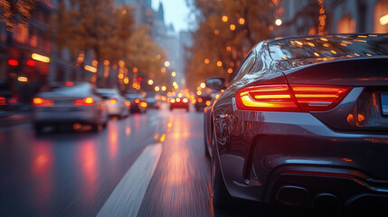 Car dashcam recording moving cars on crowded downtown road, surveillance footage style 