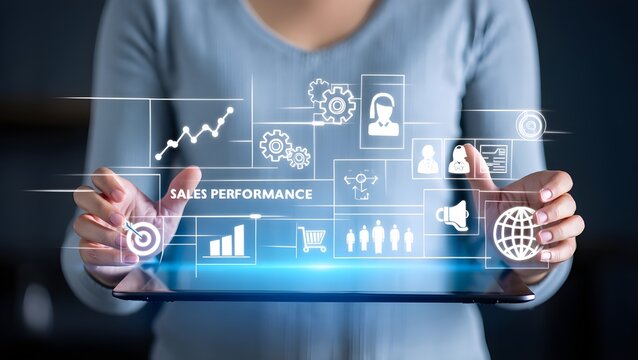 Businesswoman interacting with a holographic interface displaying sales performance metrics and icons - Powered by Adobe