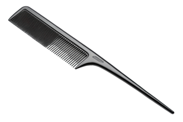 Sleek black tail comb for hair styling and sectioning isolated on transparent background