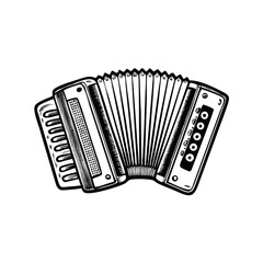 Vintage accordion with bellows fully open, detailed engraving style with buttons and keys visible. Oktoberfest music icon concept folk band merch, ethnic festival promo, traditional pub entertainment