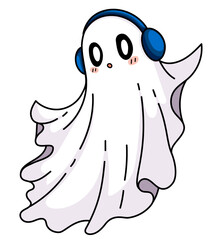 Cute Ghost Character Floating with Headphones Listening to Music