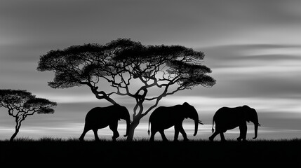 Elephants Walking Under Trees Silhouette Against Cloudy Sky