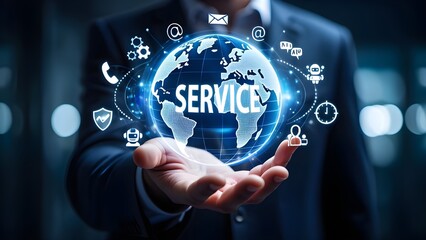 Businessman holding a glowing digital globe with service icons and technology symbols